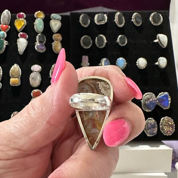 💕 Natural Crazy lace agate gemstone ring. Silver overlay handmade size 5 - Picture 4 of 5